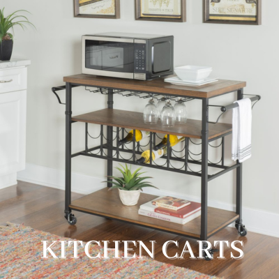 Kitchen carts with microwave, utensils, and appliances neatly arranged for easy access and convenience