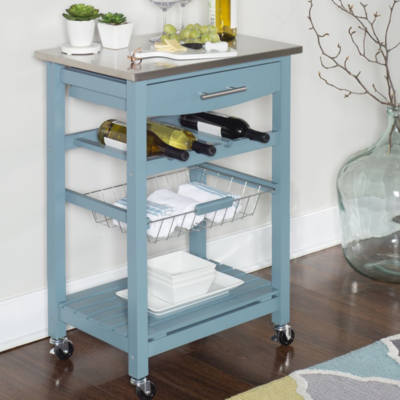 Stylish blue kitchen cart featuring wine bottles and glasses