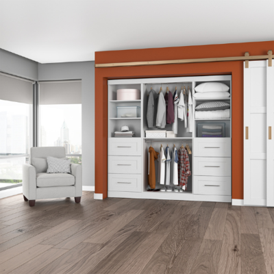 a room with a closet and a chair