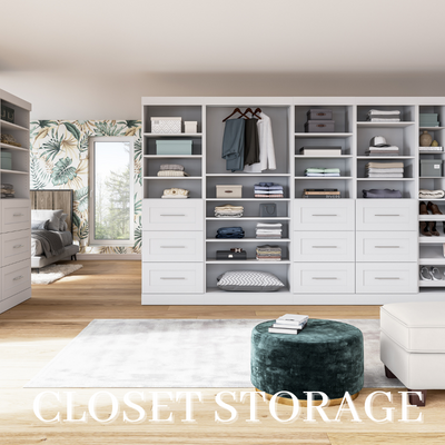 a closet with shelves and a bed