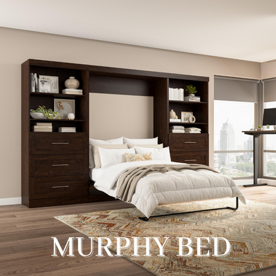 a bed with a wall unit