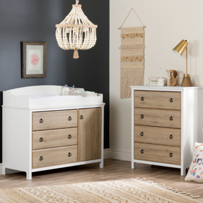 a room with a dresser