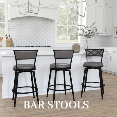 a kitchen with white cabinets and black chairs