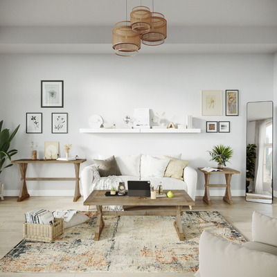 a living room with a couch and coffee table