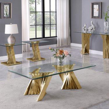 a glass coffee table in a room