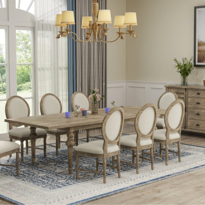 a dining room with a chandelier and a table