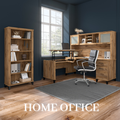 a desk and shelves in a room