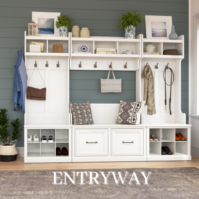 a white bench with shelves and shoes on it