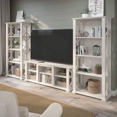 a tv and shelves in a room