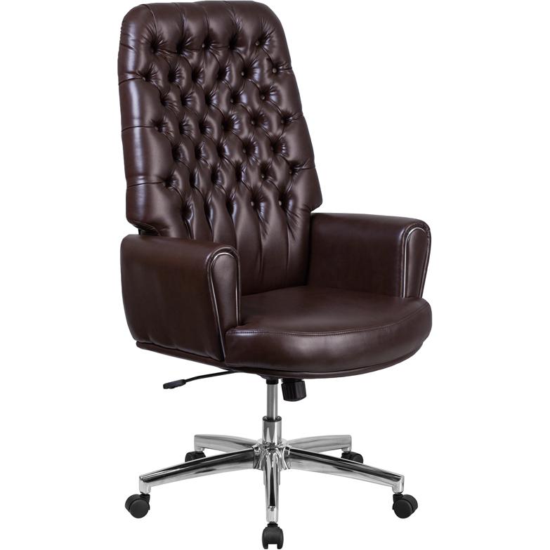 High Back Traditional Tufted Brown Leather Executive Swivel Chair with