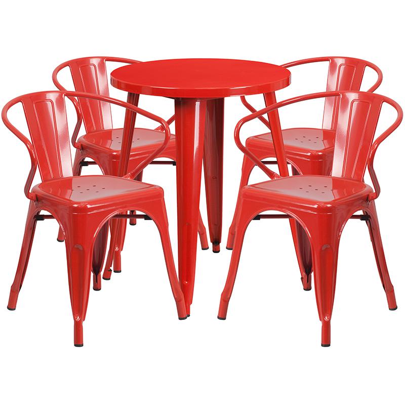 24'' Round Red Metal Indoor-Outdoor Table Set with 4 Arm ...