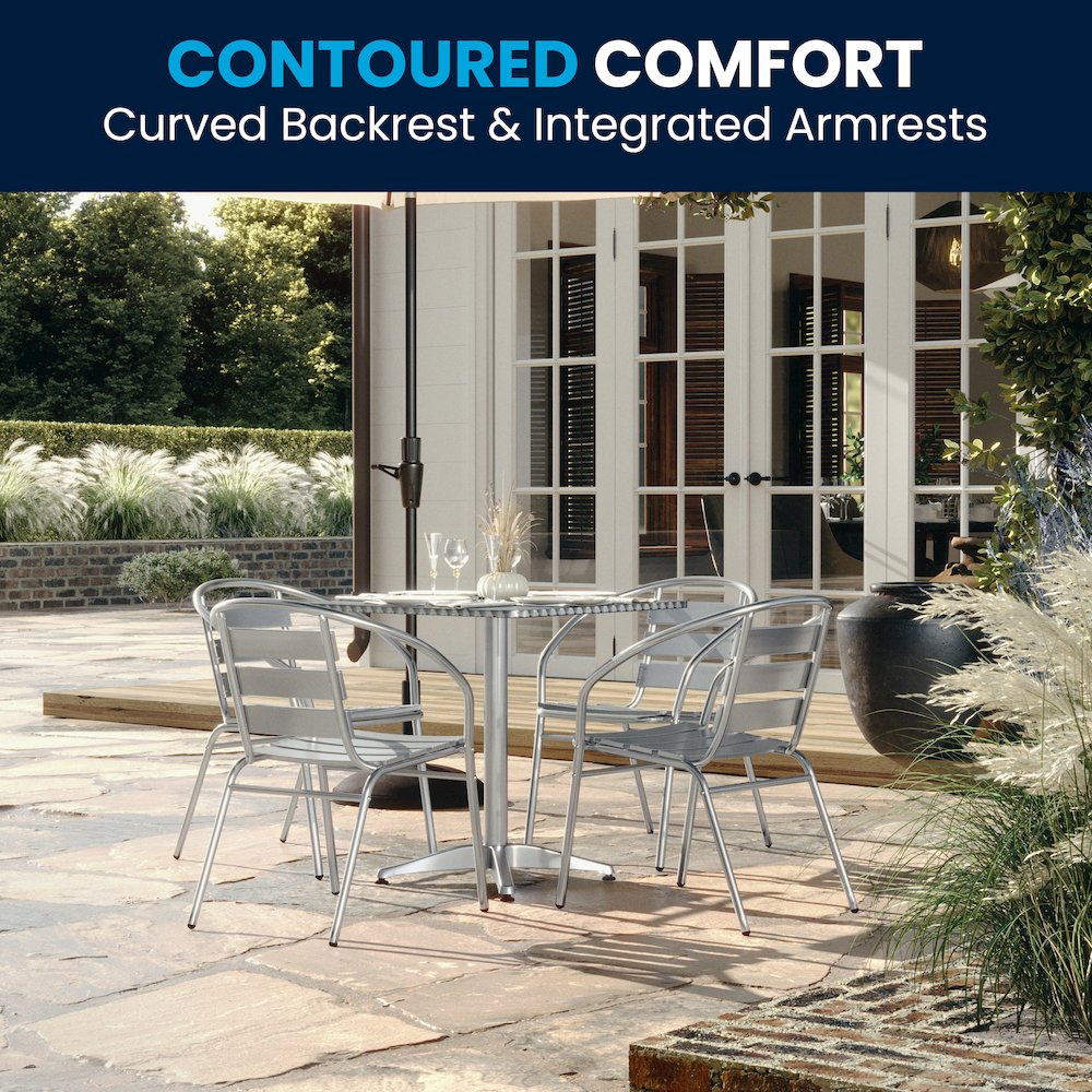 27.5'' Square Aluminum IndoorOutdoor Table Set with 4 Slat Back Chairs