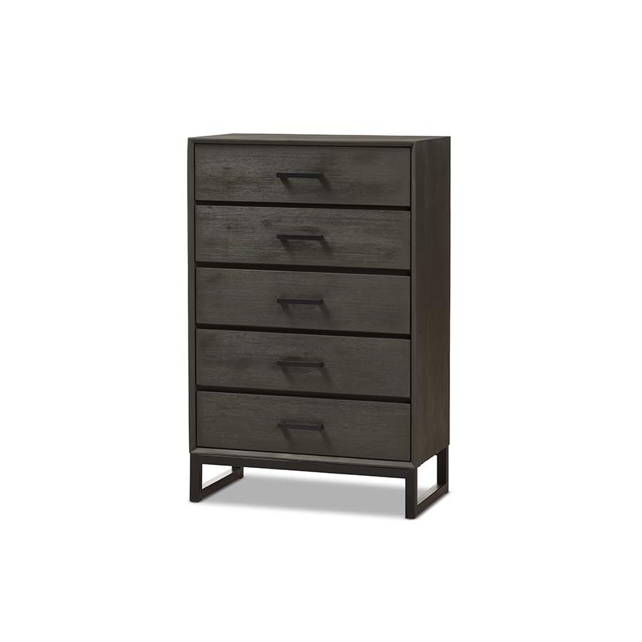 Parris Rustic Grey Wood And Black Metal 5 Drawer Chest