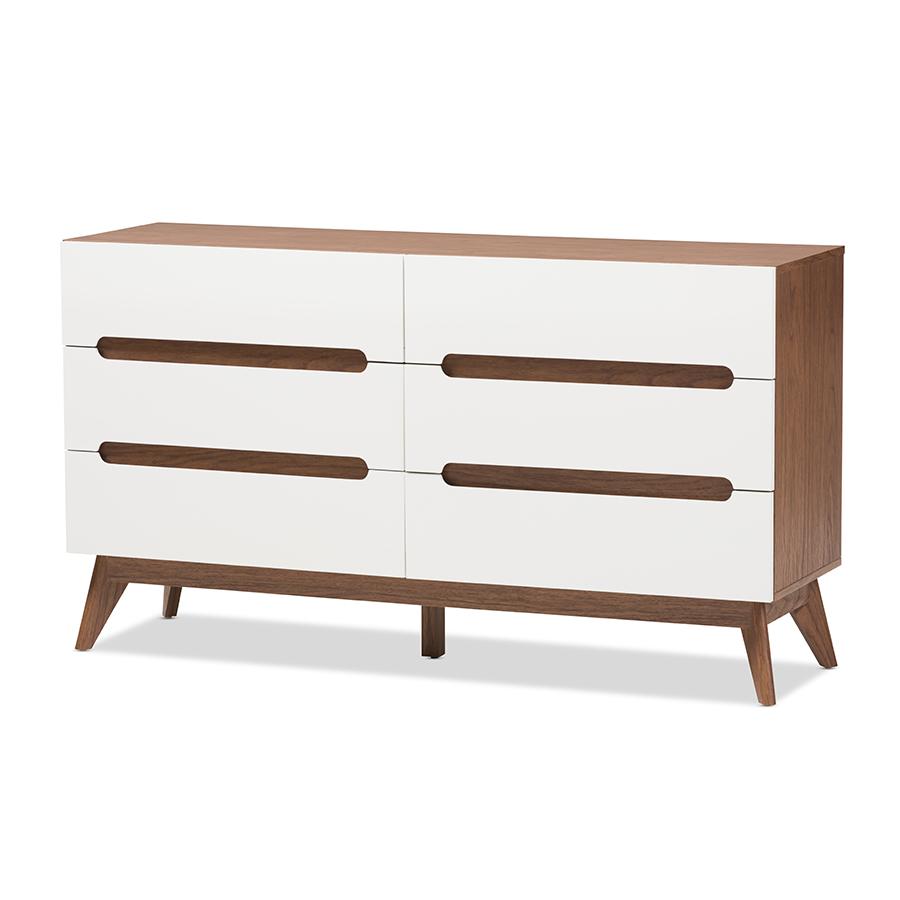 Calypso Mid-Century Modern White and Walnut Wood 6-Drawer ...