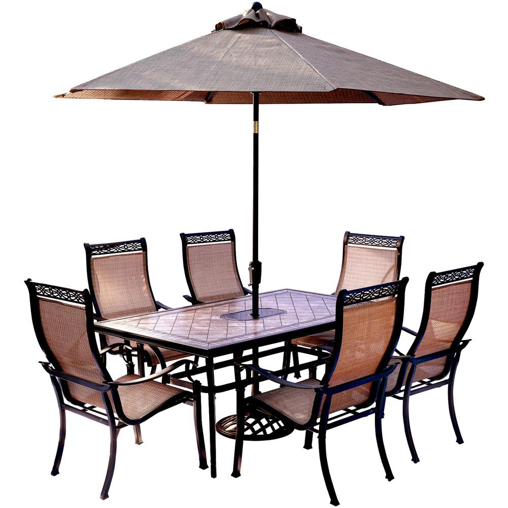Monaco7pc 6 Sling Dining Chairs, 40x68" Tile Top Table, Umbrella, Base