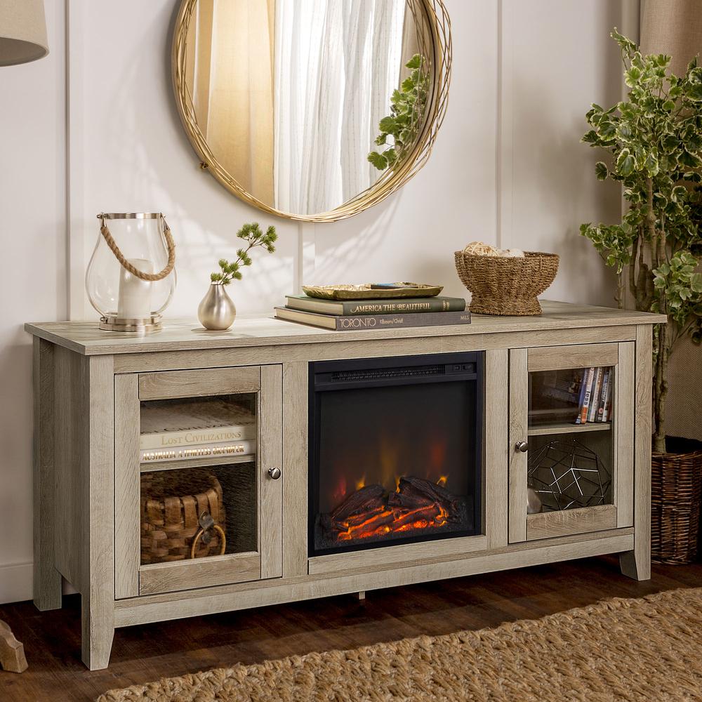 58" Wood Media TV Stand Console with Fireplace - White Oak ...